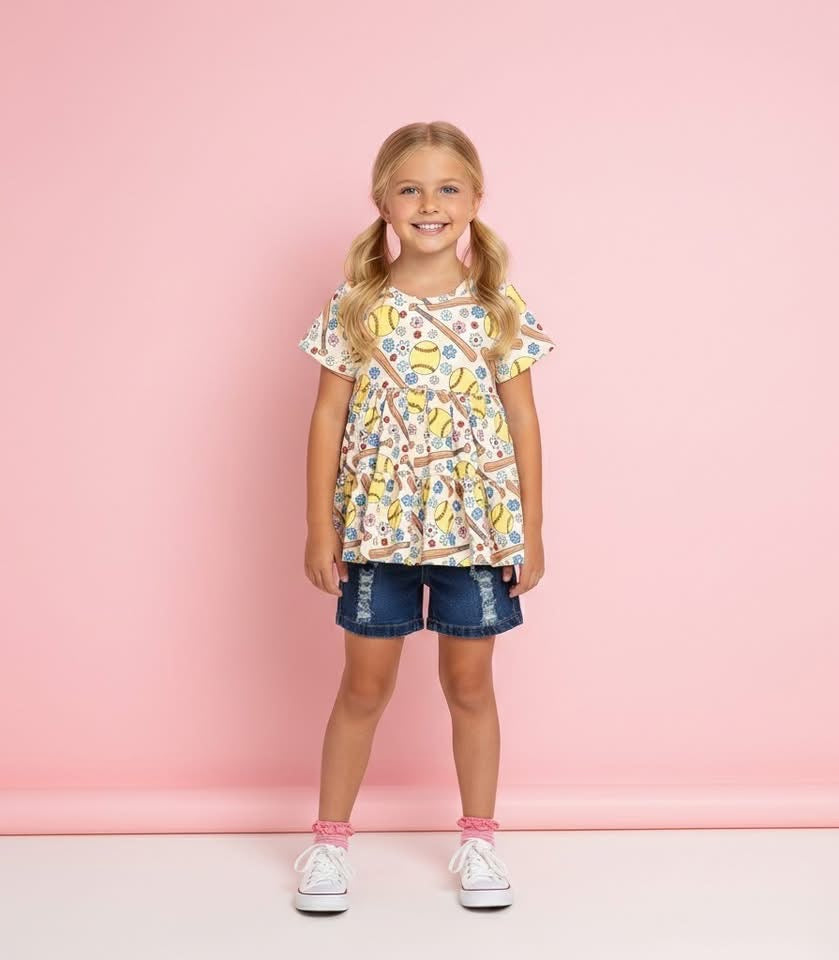 Softball Stitches Denim Short Set