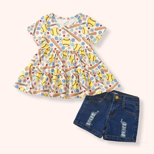 Softball Stitches Denim Short Set